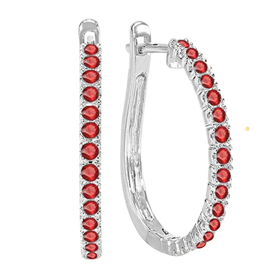 0.50 ct 14k White Gold Plated Silver Round Ruby Hoop Earrings Summer Sale - Image 1 of 1
