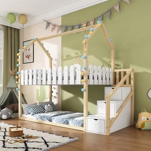 Gotagee Kinderbett 90x200cm Etagenbett Hausbett modern Holzbett mit Zaundekor - Bild 1 von 9