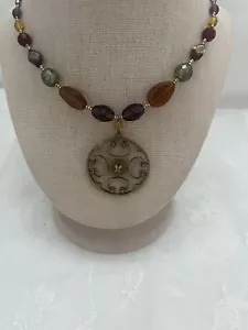 Vintage Cookie Lee Necklace Bohemian Multicolored Beaded Metal Round Pendant - Picture 1 of 5
