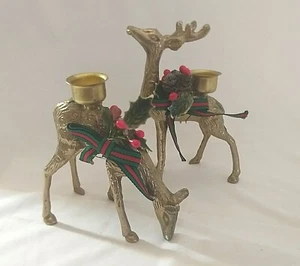 Pair Solid Brass Spotted Deer Candleholder Figures CHRISTMAS REINDEER Buck & Doe - Picture 1 of 12