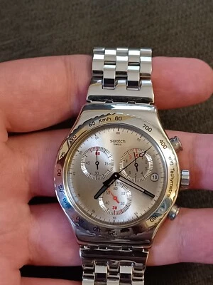 Swatch Irony Silverish 男式石英计时码表 YVS405G 带两个手链 — 第 1/4 张图片