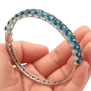 Buy 3 Get 1 Free 15.6g London Blue Topaz Women Silver Bangle Bracelet 9.0" - Picture 1 of 4