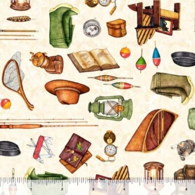 "Fish Tails" Fishing Gear Fabric-Cotton 1 yd*BTY*Cream•Cust Fav! Same Day Ship! - Image 1 of 3