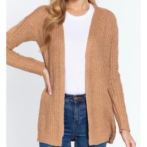 Active Basic Cardigan Sweater S M L Open Front Cable Knit Premium Khaki - Picture 1 of 6