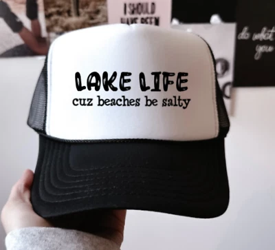 Lake Life Cuz Beaches Be Salty, Black, Men's and Women's Otto Brand Trucker Hat - Image 1 of 4