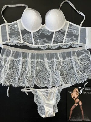 Victoria's Secret 32C, 32D, 34A BOMSHELL корсет верхний бюстгальтер + подвязки белый блестящий ремень - Изображение 1 из 4