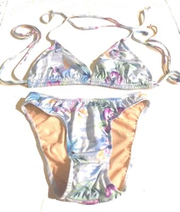 Bikini halter estampado floral acuarela azul claro melocotones frescos talla L/XL - Imagen 1 de 4