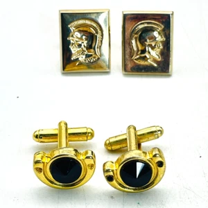 Vintage Gold Tone Cufflinks Lot of 2 Knight Rectangle Black Bead Semicircle - Picture 1 of 7