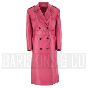 Leder Trenchcoat Damen rosa zweireihig Gürtel Longjacke schicker Stil - Bild 1 von 10