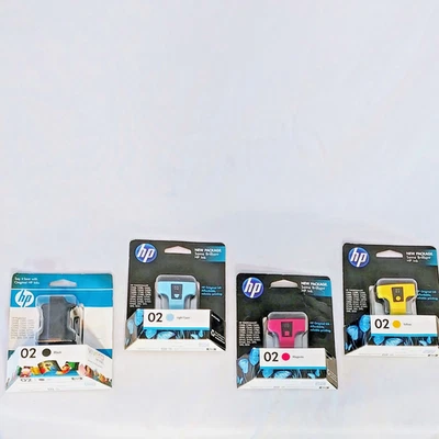 New Genuine HP 02 Black Yellow Magenta Light Cyan Ink Cartridges Sealed OEM Lot - Image 1 of 4