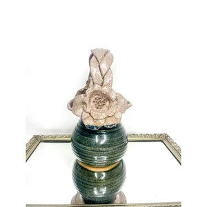 Vintage Signed Pottery Floral Basket with Glaze Green Purple and Cream - Picture 1 of 8