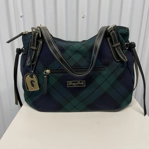 Dooney & Bourke Nina Navy Blue Green Tartan Plaid Plain Medium Tote Satchel Bag - Picture 1 of 19
