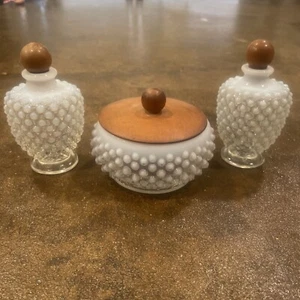 Fenton French Opalescent Hobnail Vanity Set with Wooden Lids - Picture 1 of 9