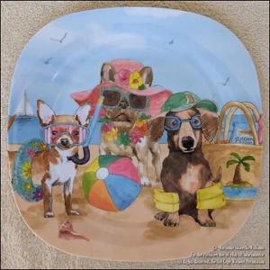 4 NEW DOG RELAX AT BEACH DACHSHUND CHIHUAHUA BULLDOG SQUARE MELAMINE PLATE 10.5" - Picture 1 of 3