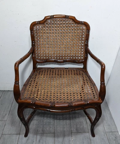 Vintage French Provincial Country Cane Faux Bamboo Wood Arm Chair Louis XV A Cover