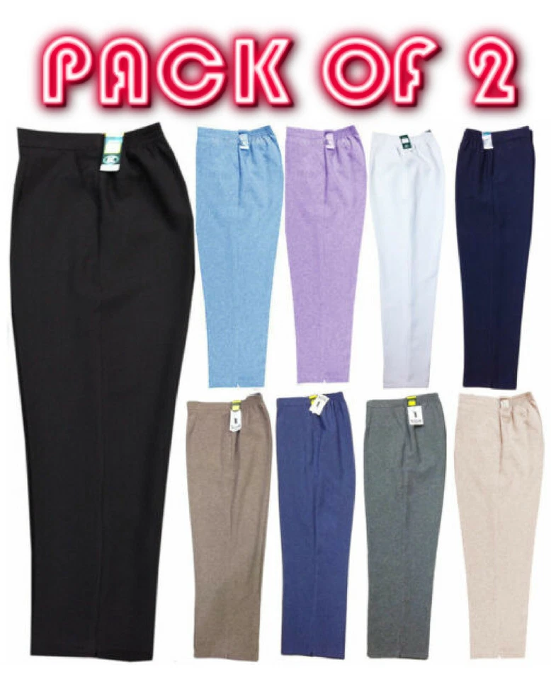 PACK 2 WOMENS HALF ELASTICATED TROUSERS STRETCH WAIST WORK OFFICE POCKETS PANTS - Image 1 of 1