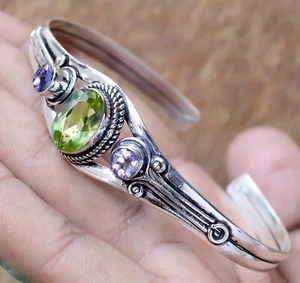 Peridot Cut, Amethyst Gemstone Bracelet 925 Sterling Silver Handmade Man's Cuff - Picture 1 of 6
