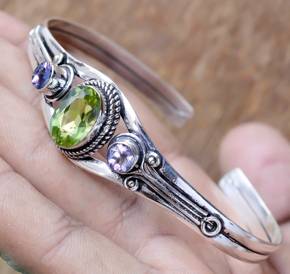 Peridot Cut, Amethyst Gemstone Bracelet 925 Sterling Silver Handmade Man's Cuff - Image 1 of 4