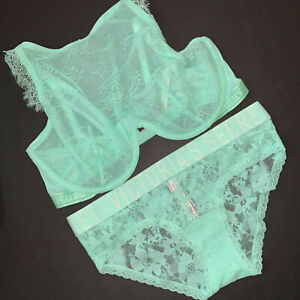 Victoria's Secret high-neck unlined 34DD,34DDD BRA SET S AQUA mint green lace