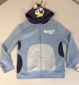 Bluey Bingo Character Dog Face Hood Hoodie Large Kids Sweatshirt Zip Up Blue New - Picture 1 of 8