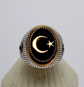 starker Herren Ring Bicolor Motiv Siegelring Halbmond Stern 925er Silber Gr.66 - Bild 1 von 5