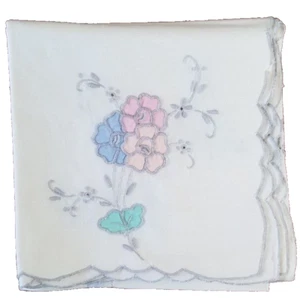 Tablecloth Embroidered & Floral Applique Ivory Cotton Vintage 31x31" - Picture 1 of 16