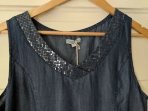 Large ITALIAN Denim Blue Sequined V- Neck Shift Dress Cover Up comfortable NWT - Picture 1 of 6
