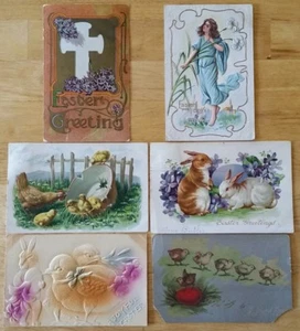 Lot 6 Antique Easter Postcards Rooster Chickens Rabbits Angel Embossed Tuck's - Picture 1 of 7