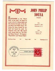 #880 John Philip Sousa Composer Famous American FDC 1940 on Card 6X8 - Picture 1 of 2