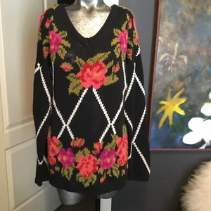 Vintage Y2K Black Floral Rose Pullover Sweater Grandma Retro Cottagecore S - Picture 1 of 9