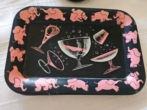 Set Of 7 Vintage 1950's MCM Hazel Atlas Pink Elephant Bar Cocktail Tip Trays - Picture 1 of 6