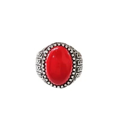ANILLO PESADO TURCO NAVIDAD PLATA ESTERLINA 925 PIEDRAS PRECIOSAS CORAL ROJO NATURAL PARA HOMBRE Foto 1 de 4