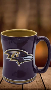 Baltimore Ravens NFL 14 oz Sculpted Logo Coffee Mug - Purple w/Gold Interior - Picture 1 of 13