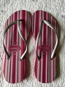 Havaianas Women's Slim Flip Flop Sandal, Pink & Silver Striped 41-42 Sz9 EUC - Picture 1 of 3