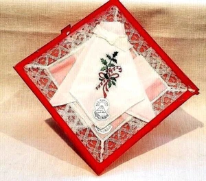 Christmas Handkerchiefs Pair Desco VTG Orig Pkg Candy Cane Cotton Lace Japan - Picture 1 of 9