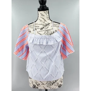 LemLem Top Womens Small Blue Striped Off-the-Shoulder Frayed Ruffled Boho Chic - Picture 1 of 14