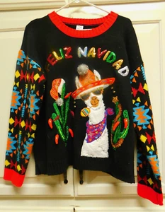 Ugly Christmas Sweater Holiday Party Feliz Navidad Llama BRIGHT sparkle charms L - Bild 1 von 6