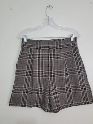 (M5) Zara Womens Shorts Size M High Waist Pleated Check Plaid Seersucker Pockets - Image 1 of 4