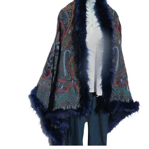 Shawl | Faux Fur | Yak + Sheep | Stitched Embroider | Handmade | Blue & Lt Blue - Picture 1 of 5