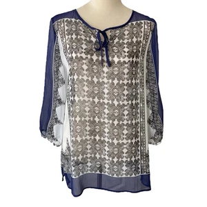 Chico’s Semi Sheer Boho Peasant Floral Blouse Navy White Print Women’s Size M - Foto 1 di 7