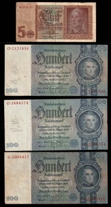 1935-42 WWII GERMANY three 100RM "Hundert" bank notes & one 5 "Funf" Reichismark - Picture 1 of 2