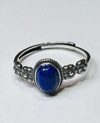 Anillo banda flores lapislázuli azul natural de plata de ley 925 Foto 1 de 4