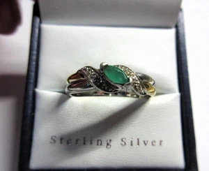 STERLING SILVER EMERALD & DIAMOND Crossover Design RING - Picture 1 of 6