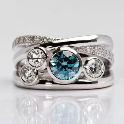 Preciosos anillos enchapados en plata de circonita cúbica azul para mujer  Foto 1 de 4