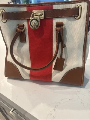 Michael Kors Hamilton большой моно полоски сумка мандарин коричневый сумка с короткими ручками с ремнем - Изображение 1 из 4