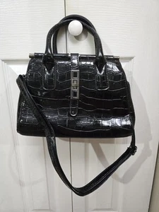 NWOT Black Shiny Medium Embossed Crocodile Top Handle Satchel Shoulder Bag Purse - Picture 1 of 14