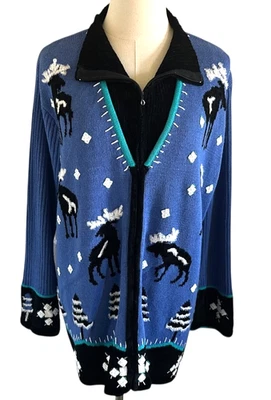 Cárdigan Suéter Cremallera Completa Invierno Cabina Storybook Tejido Talla 2X Moose Mountain Azul Foto 1 de 4