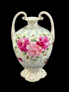 Hand Painted Antique Nippon Gold Moriage Floral Double Handled Footed Vase 9" - Picture 1 of 6