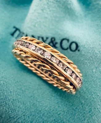 Anillo Tiffany Co Oro Amarillo 18k Cesta Acanalada Retorcida Cuerda Dos Filas Diamante Banda Foto 1 de 4