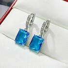 3Ct Emerald Cut Blue Topaz Diamond Drop Dangle Earrings 14K White Gold Finish